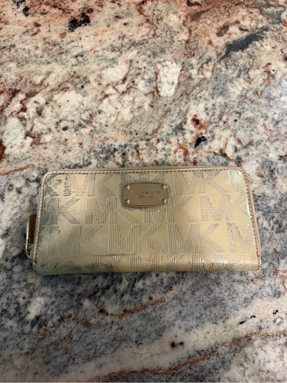 Michael Kors Metallic Gold MK Logo Zip Wallet